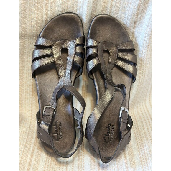 CLARKS Women Bendables Size 9 M Bronze Leather Sandals Buckle Closure - Picture 9 of 12